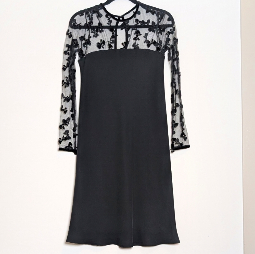 Black Cocktail Dress Sheer Velvet Bow Sheer Sleeve Size‎ 8 Vintage 90s
